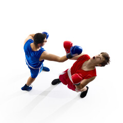 An action shot features a boxing match with a dynamic punch seen from an above perspective. Concept...