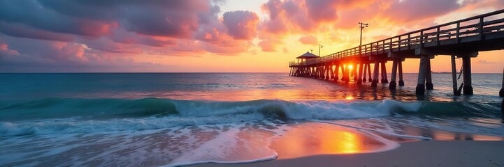 Obraz premium Serene Sunset Beach Dock Calm Ocean Waves Lap Gentle Wooden Pilings, Creating a Tranquil Coastal Scene Perfect for Relaxation and Travel Imagery