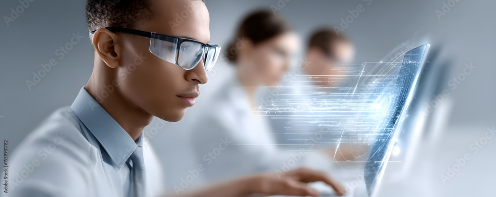 Poster documentary style image of data scientists analyzing clinical trial data, collaborative effort, mult