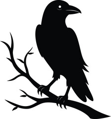 raven on a branch vector illustration on transparent background