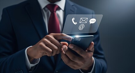 Businessman using smartphone with holographic contact icons mobile technology