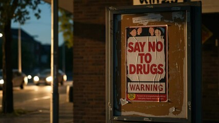 Timelapse of anti drug campaign poster on an outdoor bulletin board in late afternoon light