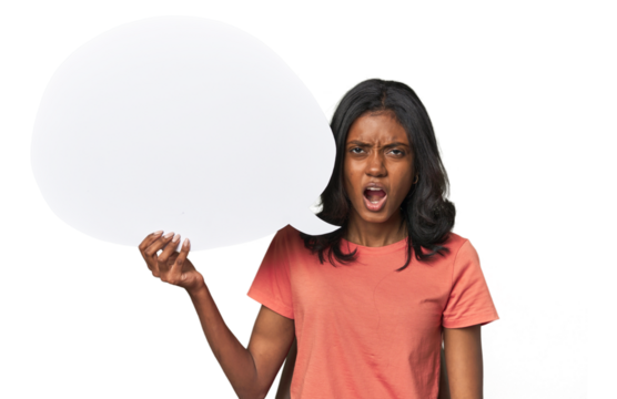 Indian woman with dialogue bubble screaming very angry and aggressive.