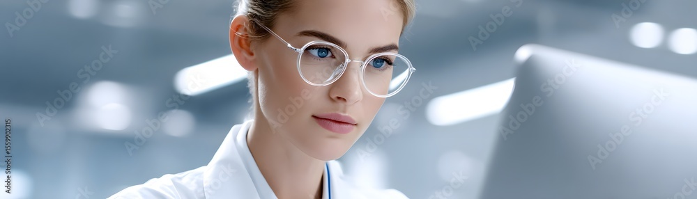 Poster documentary style image of a scientist inputting clinical trial data into a computer, multiple scree