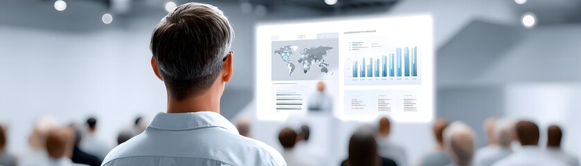 Editorial style photo of a medical conference with experts discussing clinical trial outcomes, large projection of data analysis, engaged audience