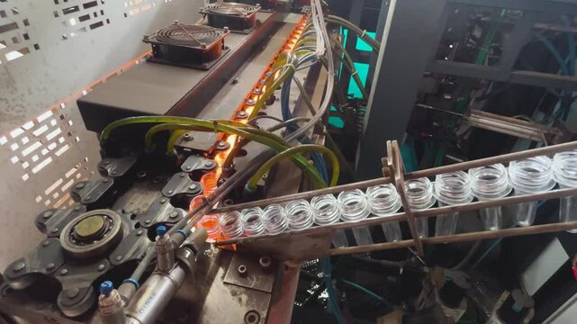 Working of a PET bottle blowing machine in which mechanised chain carrying preforms