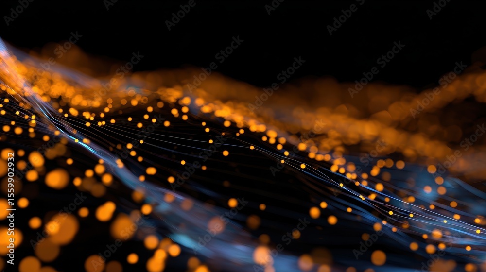 Poster abstract visualization of flowing orange particles on a dark background, creating a dynamic wave eff