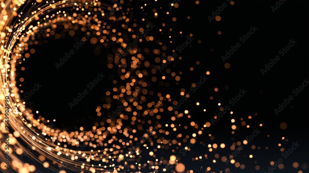 Poster abstract swirling golden particles on a dark background creating a dynamic visual effect