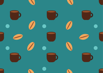 Vector art of a seamless pattern of coffee beans and cups on a teal background
