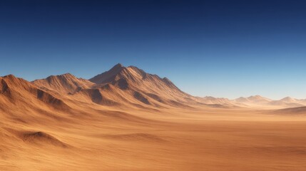 Naklejka premium Expansive Desert Landscape with Majestic Mountains Under a Clear Blue Sky at Dusk
