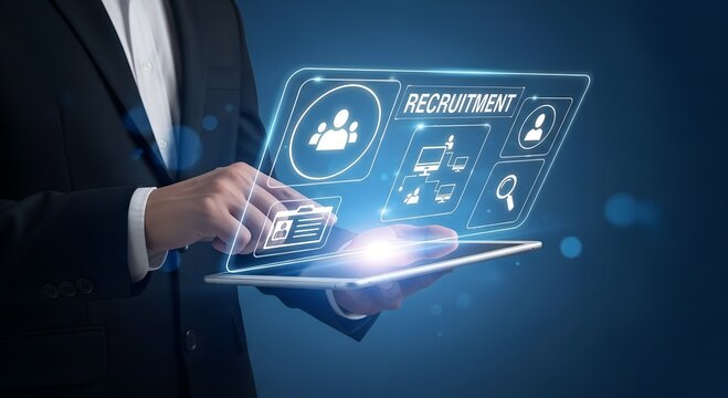 Person in suit touching digital screen with recruitment icons and data business technology