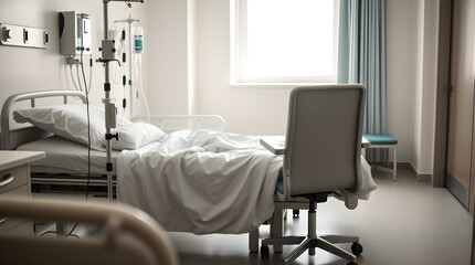 Empty hospital bed stands in clean room with iv drip