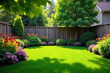 Naklejka premium Serene Backyard Oasis Lush Greenery, Vibrant Blooms, and Wooden Fence Perfect for Relaxation and Family Gatherings