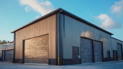 Fototapeta premium Large industrial building with corrugated metal exterior, sloping roof, closed garage doors, rustic look, blue sky, trees in background.