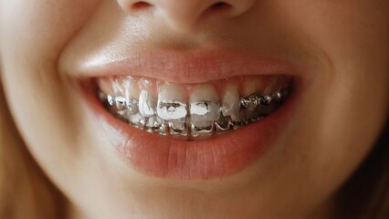 CloseUp of Person's Teeth with Silver Brace of Metal Brackets, White Teeth, and Parted Lips  Blurred Background Focus.