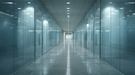 Symmetrical corridor in modern glass office building with cold lighting and polished floor ideal for business infrastructure visuals, architectural renders and corporate workspace design