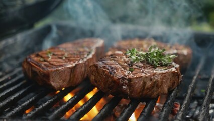 Sumptuous grilled steaks with dark brown glaze and fresh herbs on hot sizzling grill, outdoor ambiance with smoke rising.