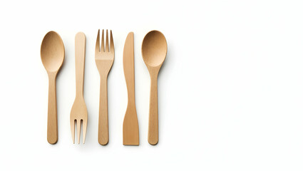 Sustainable Food Packaging Compostable picnic utensil set with rustic texture, arranged on seamless white for product catalog visuals