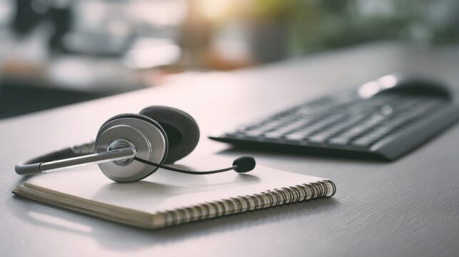 Call center headset with attached microphone resting on a notepad next to a computer keyboard in soft ambient light perfect for customer support visuals, tech workspace and communication themes