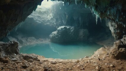 Ethereal Ice Cave Interior with Stalactites, Stalagmites, and Reflective BlueGreen Water in Atmospheric Setting