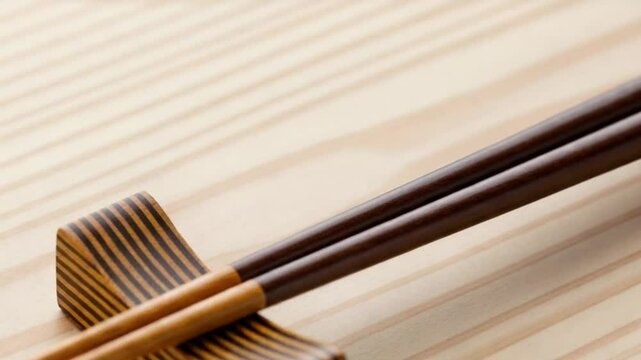 Chopsticks Resting on Wooden Mat with Minimalist Aesthetic