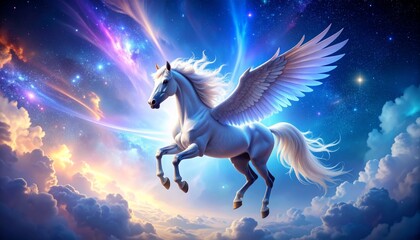 Majestic pegasus flying gracefully through the serene sky of an expansive heavenly realm