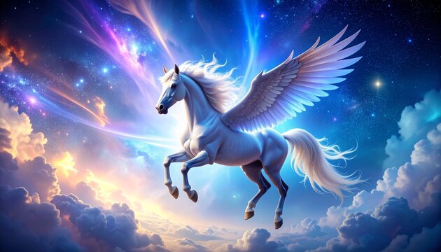 Majestic pegasus flying gracefully through the serene sky of an expansive heavenly realm