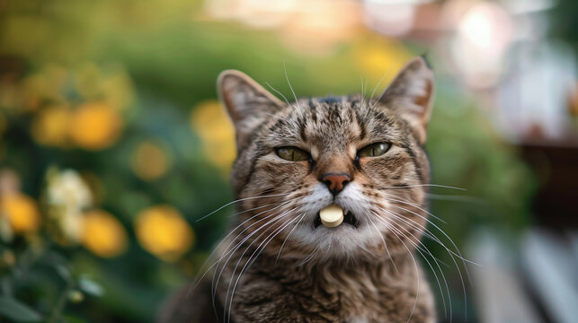 Portrait of a cat eating a pill.