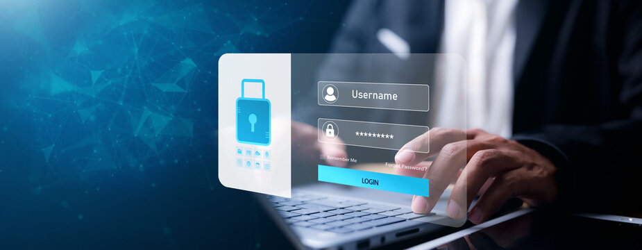 Businessman typing on laptop with virtual login interface overlay showing username, password, and security lock. Concept of data protection, identity verification, and cybersecurity. - Powered by Adobe
