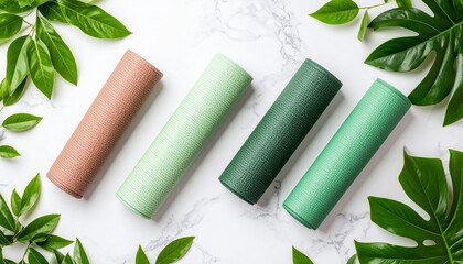 Dynamic flat lay of natural yoga mats surrounded by green leaves on marble background