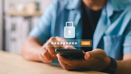 Close-up of a man using smartphone with virtual password input and login button. Concept of secure...