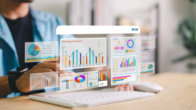 Marketer using digital marketing dashboard with charts, pie graphs, organization chart, and performance data. Concept of business analytics and strategic planning.