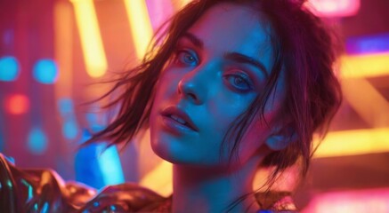 Vibrant Closeup Portrait of Young Woman in Neon Lights with Serious Expression and Energetic Mood