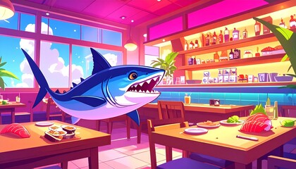 Mischievous shark in a restaurant enjoying a quirky sushi restaurant escape adventure
