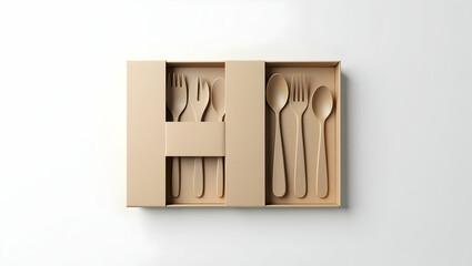 Obraz premium Sustainable Food Packaging Flat-pack cutlery kit with kraft sleeve and utensils partially exposed