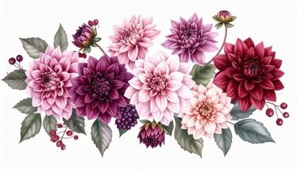 Elegant bunch of dahlia flowers and berries in botanical tattoo style with plum shades