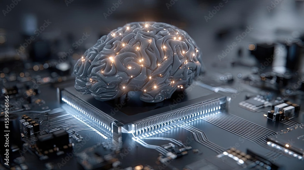 Poster brain-inspired neuro computing and neural module concept. a digital brain connected to a circuit boa