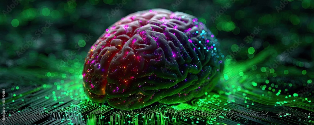 Poster brain-inspired neuro computing and neural module concept. a vibrant representation of a brain surrou