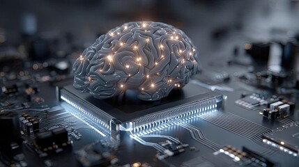 Brain-inspired neuro computing and neural module concept. A digital brain connected to a circuit board, symbolizing AI.