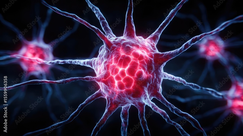 Poster brain-inspired neuro computing and neural module concept. microscopic view of glowing neurons in vib