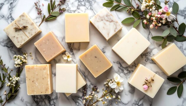 Dynamic flat lay of natural soaps on a polished marble surface with neutral tones and textures