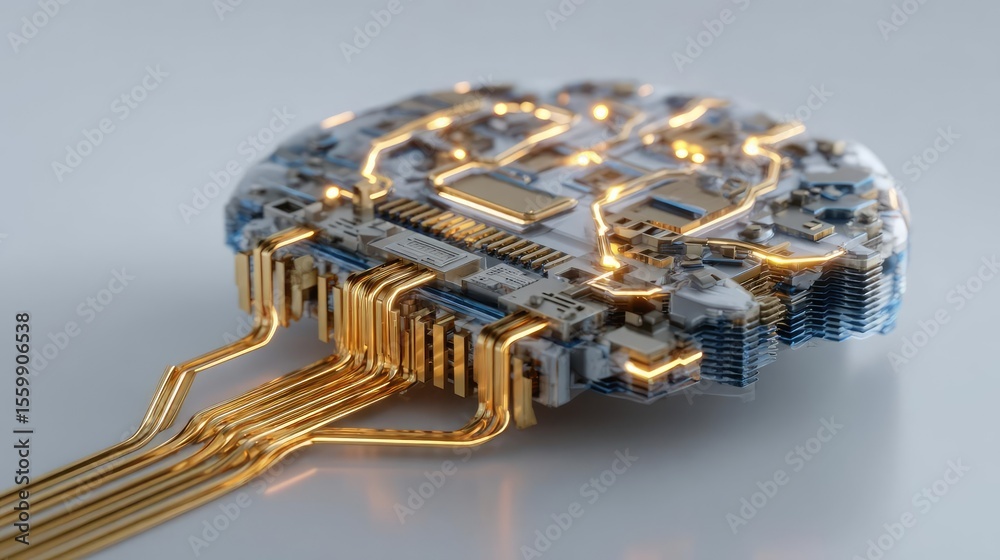 Poster brain-inspired neuro computing and neural module concept. a close-up of a futuristic microchip with 