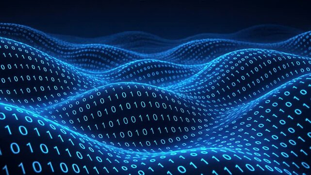 Glowing waves of binary code blue curve over dark background, showing energy of Code Flow in a Programming Interface and virtual data stream