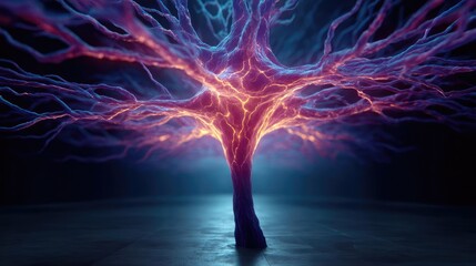 Neural module and neuro computing with cortex circuit concept. A vibrant tree with electric branches glowing in vivid colors.