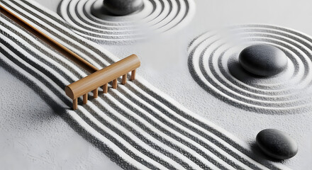 Miniature Zen garden with raked sand and stones for meditation.