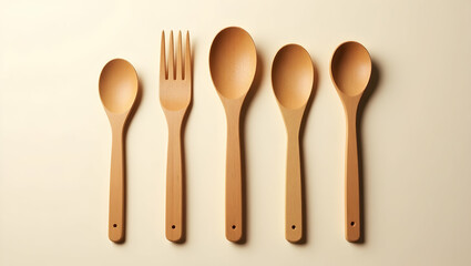 Sustainable Food Packaging Reusable wooden utensils set with clean grain texture, isolated diagonally with soft natural shadow