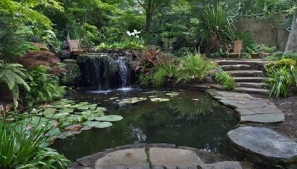 Fototapeta premium Tranquil garden oasis with waterfall, pond, lush greenery, lily pads, stone pathway, seating area.