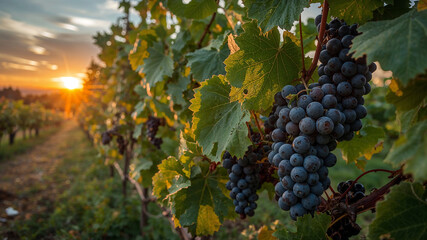 Fototapeta premium Ripe grapes hanging from vine in vineyard at sunset