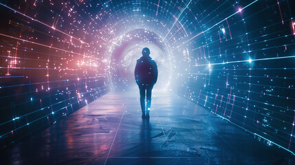 Silhouette Walking Through Holographic Sci-Fi Space