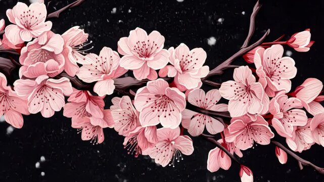 pink cherry blossom with snowfall on black background